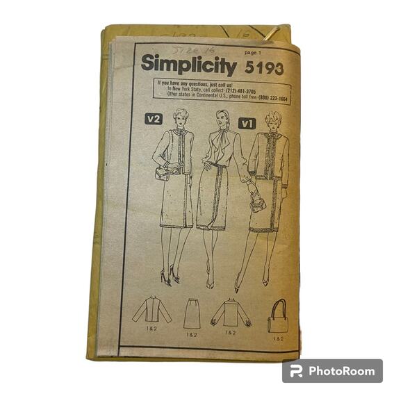 Simplicity 5193 Adolfo Pattern Skirt Top Bag Jacket Miss 16 Uncut Slim Fit Lined - Picture 4 of 6